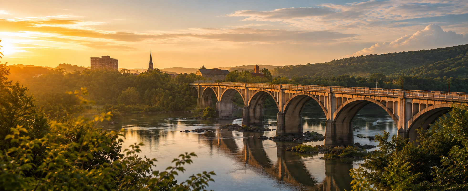 Historic bridge over the James River at sunset in Lynchburg, Virginia
